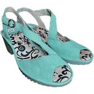FLY LONDON Willow Nubuck Suede Heeled Sandals - Sea Green - EU 39 (8.5)